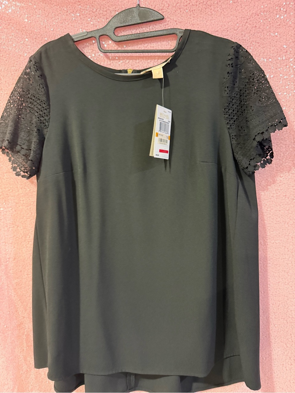 MICHAEL Michael Kors Black Short Sleeve Top with Lace Sleeves N1